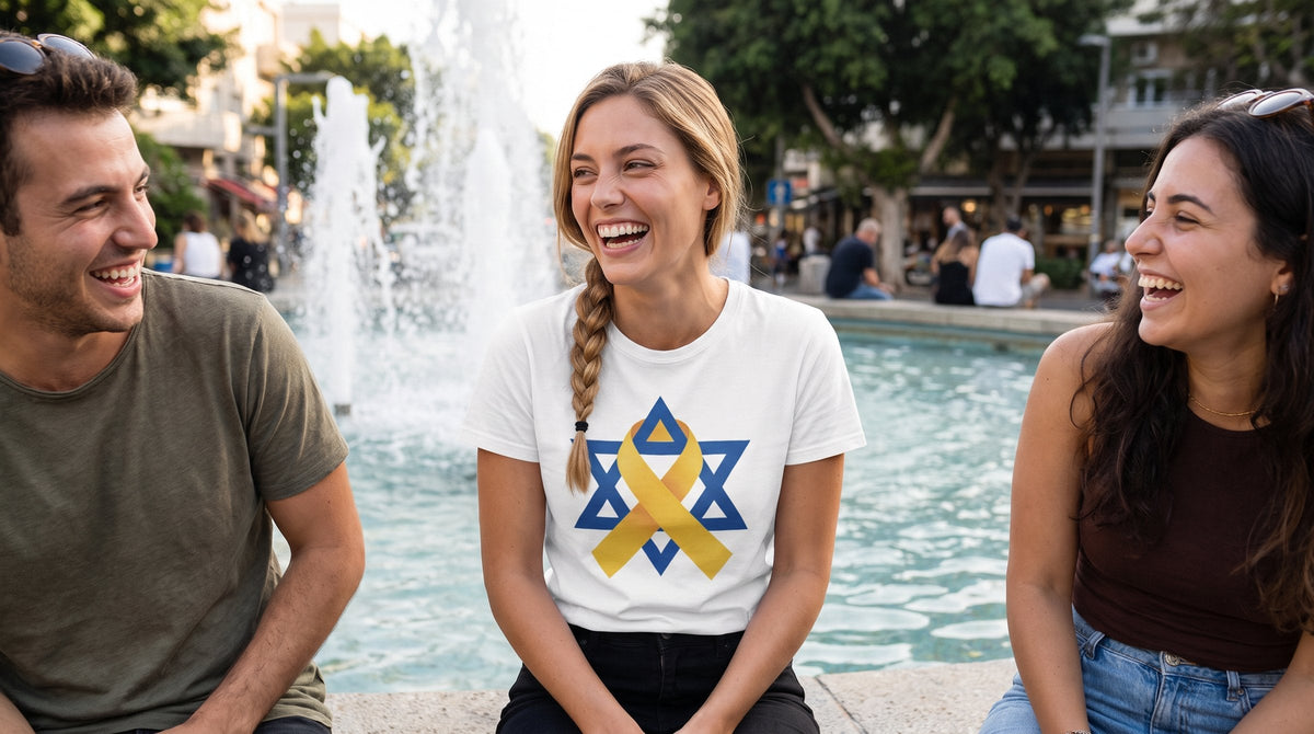 Star of David Yellow Ribbon T-shirt worn by a woman by the Dizengoff Square fountain in Tel Aviv – MoT Member of the Tribe