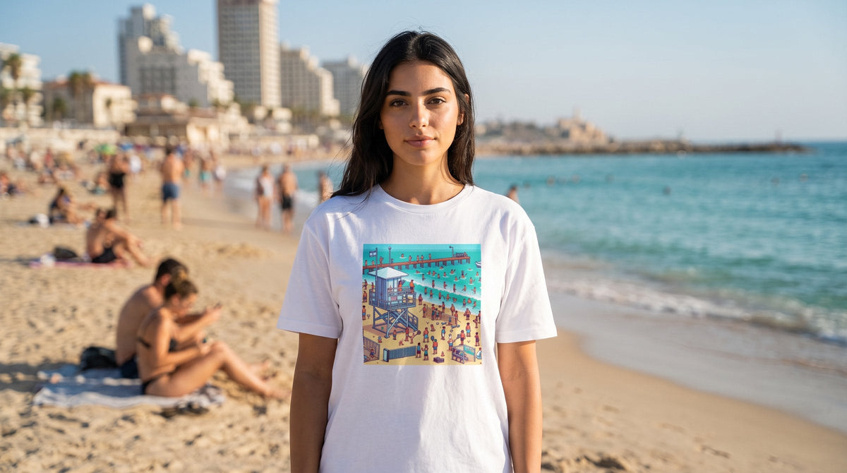 TLV Frishman Beach 16 Bit T-shirt worn by a woman on Frishman Beach in Tel Aviv – MoT Member of the Tribe