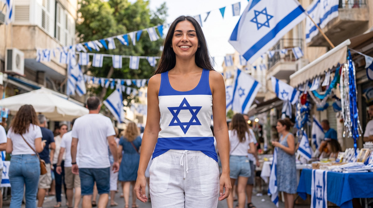 Woman in the Israel flag all-over tank top at a street celebration - emohtee women all-over shirts