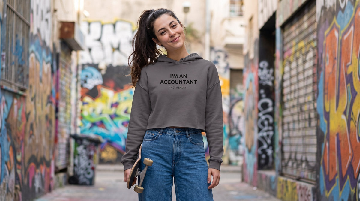 Woman in the Accountant crop hoodie in a Florentin graffiti street - emohtee women crop tops