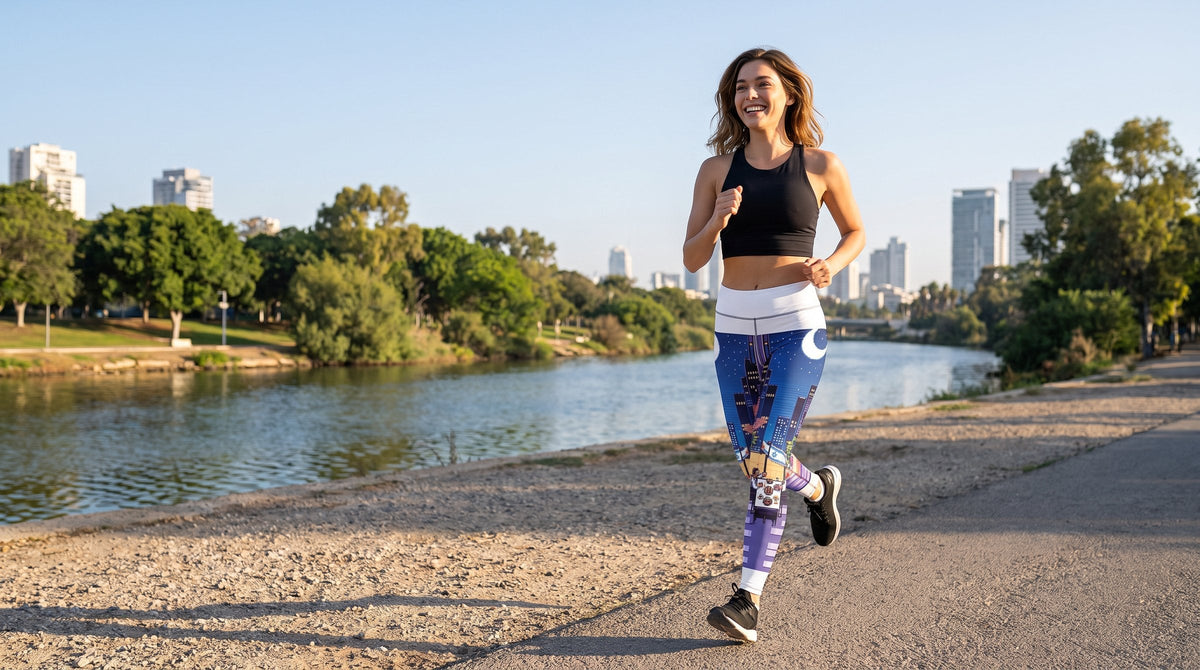 Woman jogging in TLV Nightlife yoga leggings in Yarkon Park - emohtee women pants and leggings
