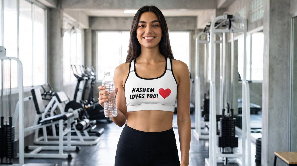 Woman in the HaShem Loves You sports bra at a gym - emohtee women sports bras
