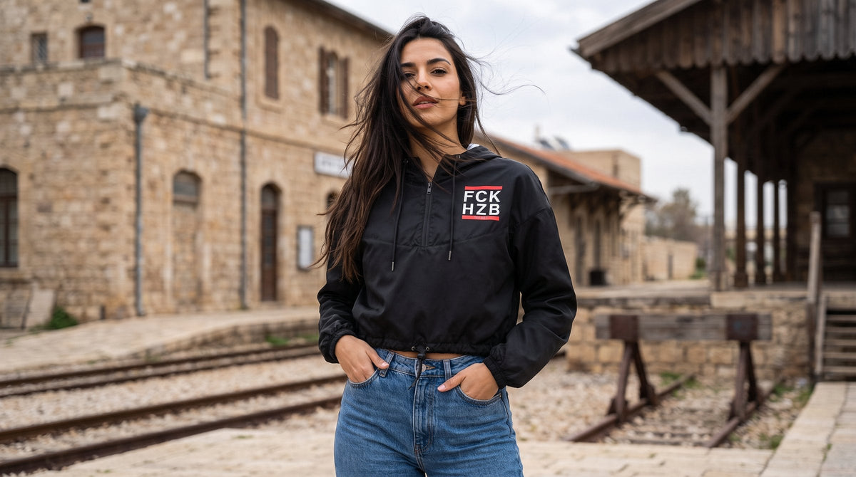 Woman in the FCK HZB cropped windbreaker at the old Tel Aviv train station - emohtee women windbreakers