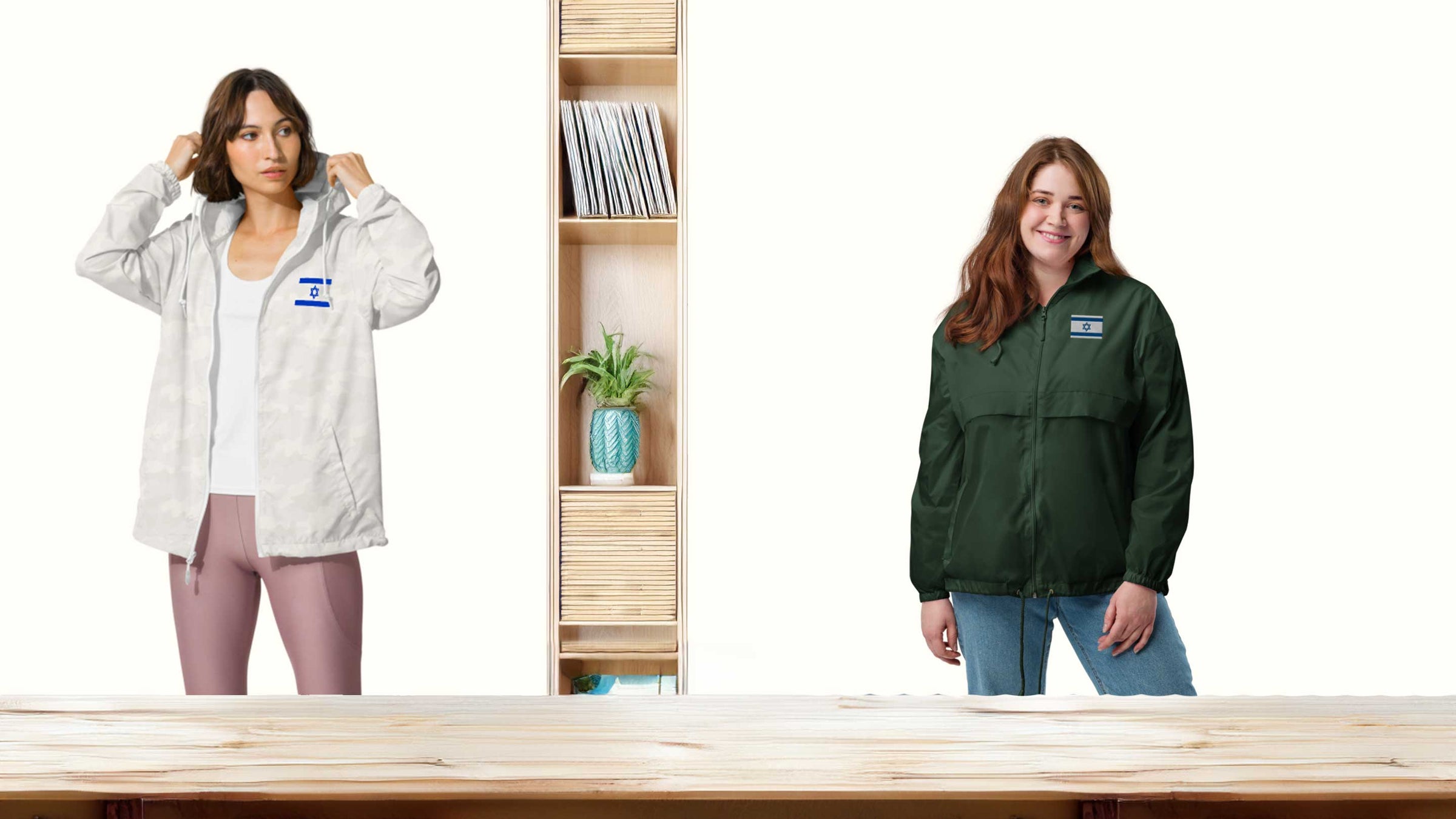 women with windbreaker jacket with Magen David design