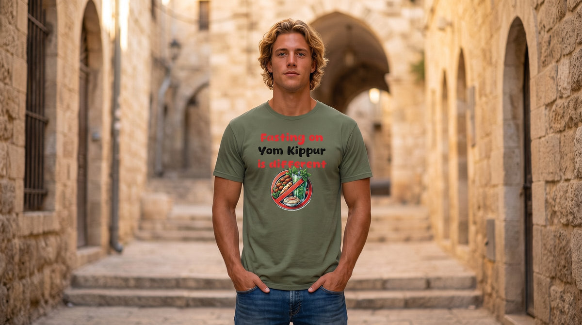 Yom Kippur T-shirt worn by a man in the calm stone alleys of Jerusalem in the evening – MoT Member of the Tribe