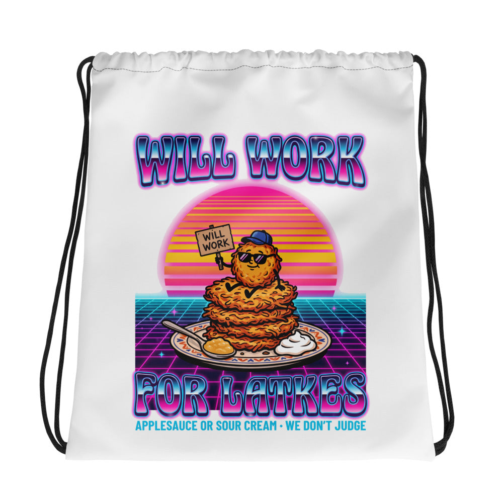 Will Work for Latkes 80s Jewish pride drawstring bag - front view
