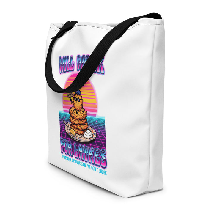 Will Work for Latkes 80s Jewish pride large tote bag in Black - front view