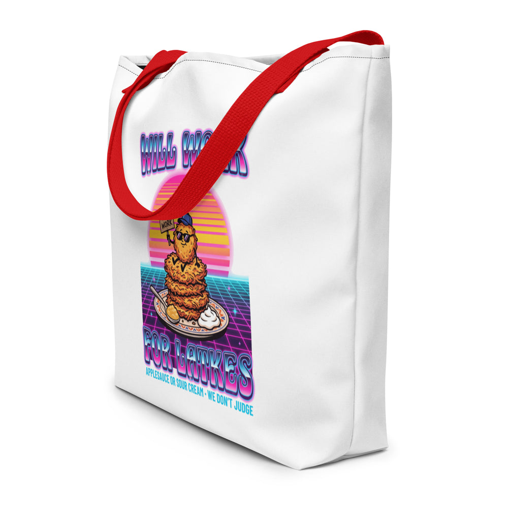 Will Work for Latkes 80s Jewish pride large tote bag in Red - back view