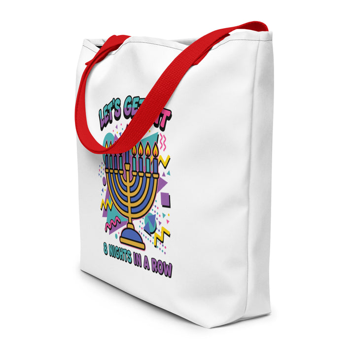 Lets Get Lit 90s Jewish pride large tote bag in Red - back view