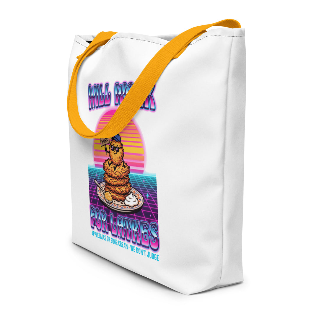 Will Work for Latkes 80s Jewish pride large tote bag in Yellow - detail view