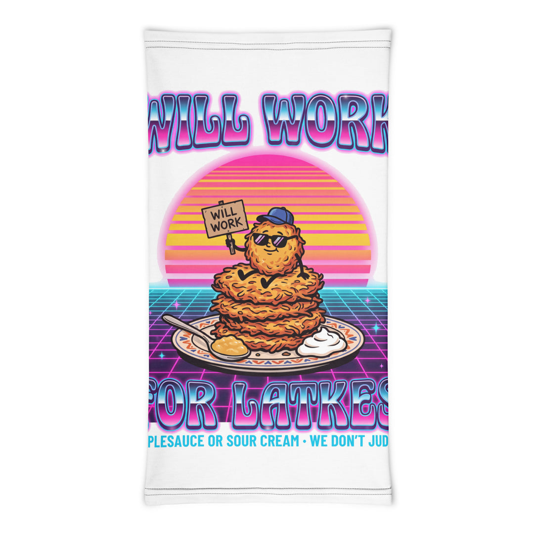 Will Work for Latkes 80s Jewish pride neck gaiter - front view
