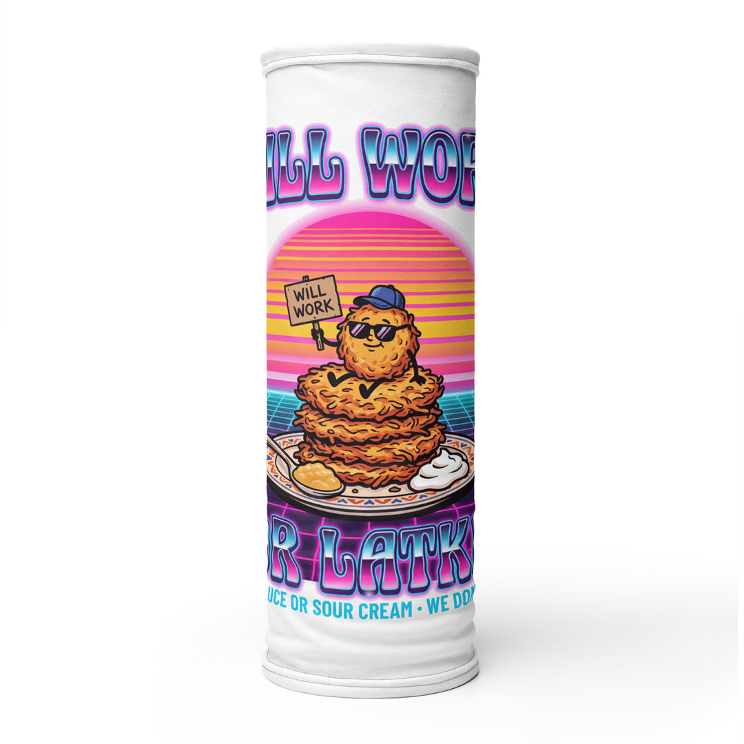Will Work for Latkes 80s Jewish pride neck gaiter - close-up