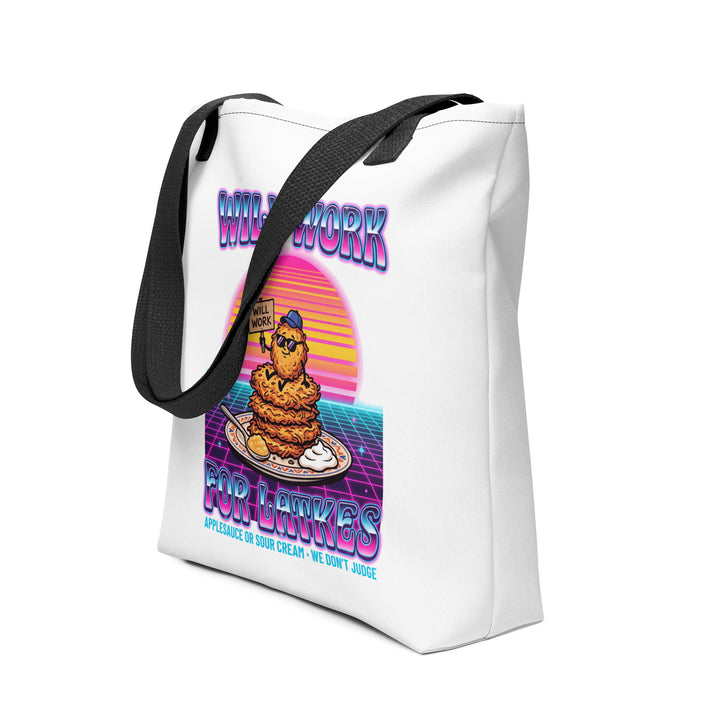 Will Work for Latkes 80s Jewish pride tote bag in Black - front view