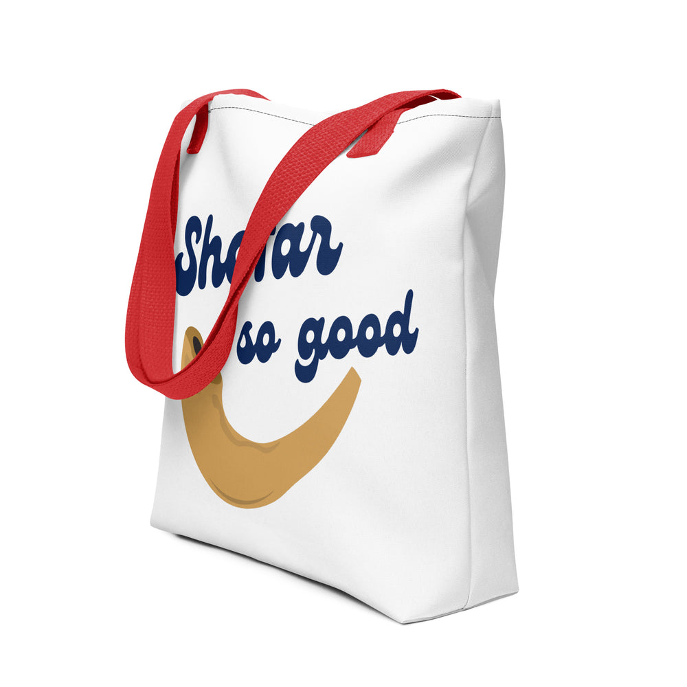 Shofar So Good Jewish pride tote bag in Red - back view