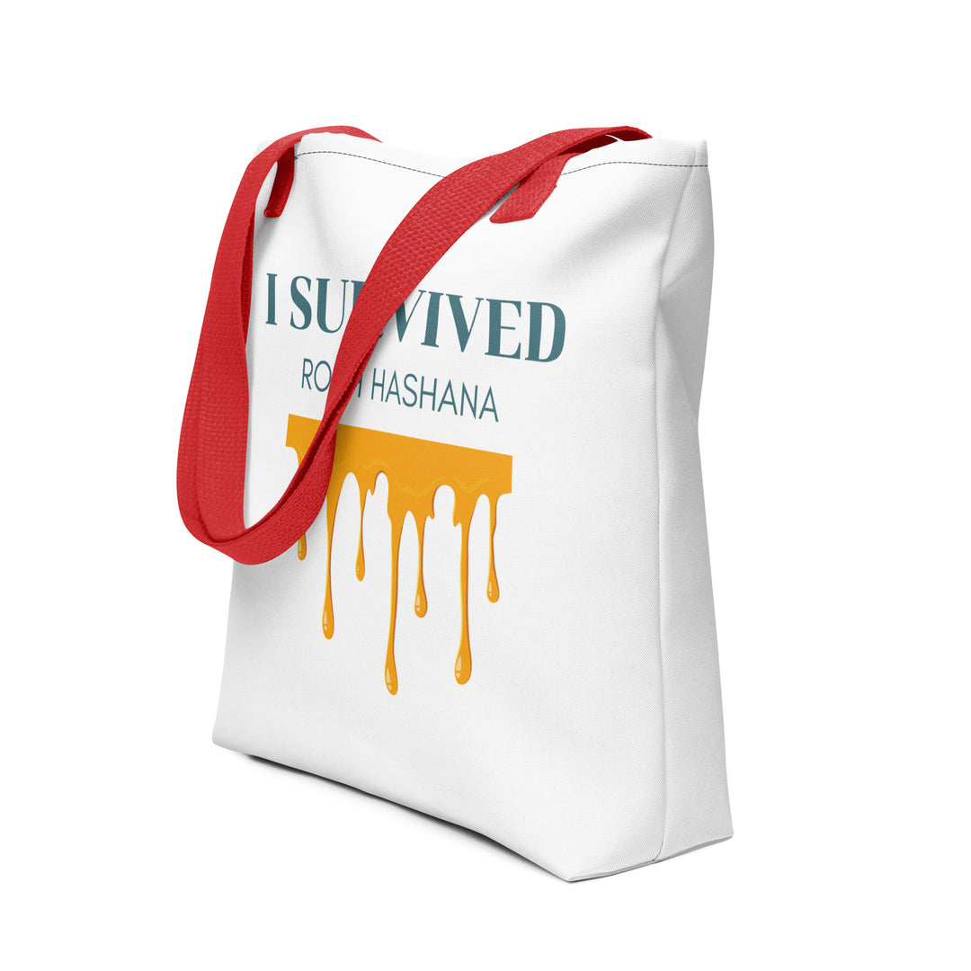 I Survived Rosh HaShana Jewish pride tote bag in Red - back view