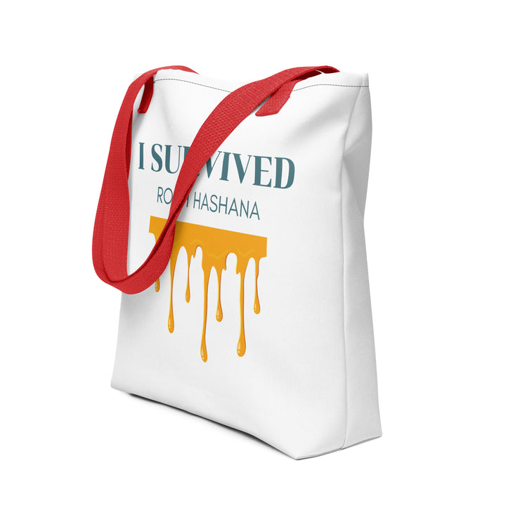 I Survived Rosh HaShana Jewish pride tote bag in Red - back view