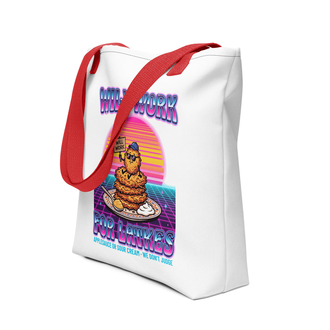 Will Work for Latkes 80s Jewish pride tote bag in Red - back view