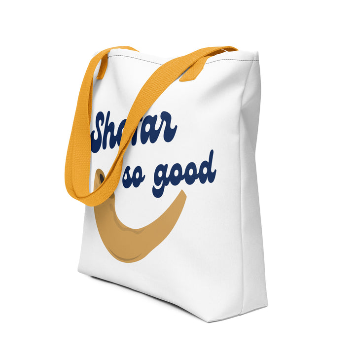 Shofar So Good Jewish pride tote bag in Yellow - detail view