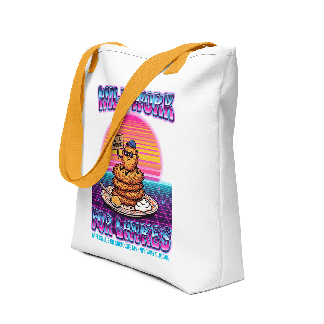 Will Work for Latkes 80s Jewish pride tote bag in Yellow - detail view