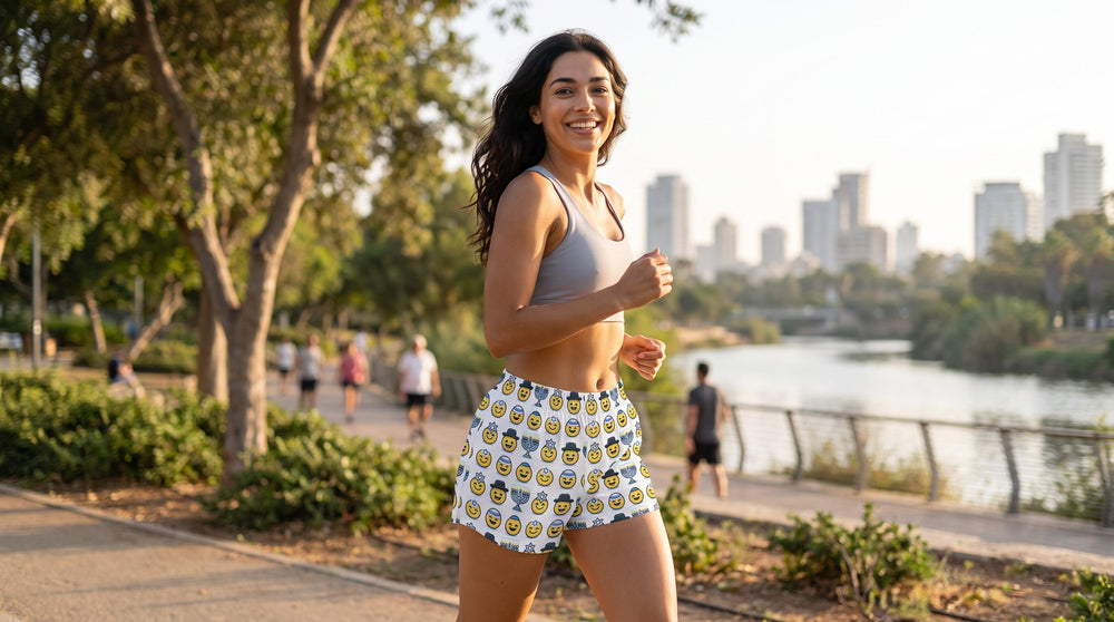 Jewish Emoji athletic shorts worn by a woman jogging in Yarkon Park, Tel Aviv – MoT Member of the Tribe