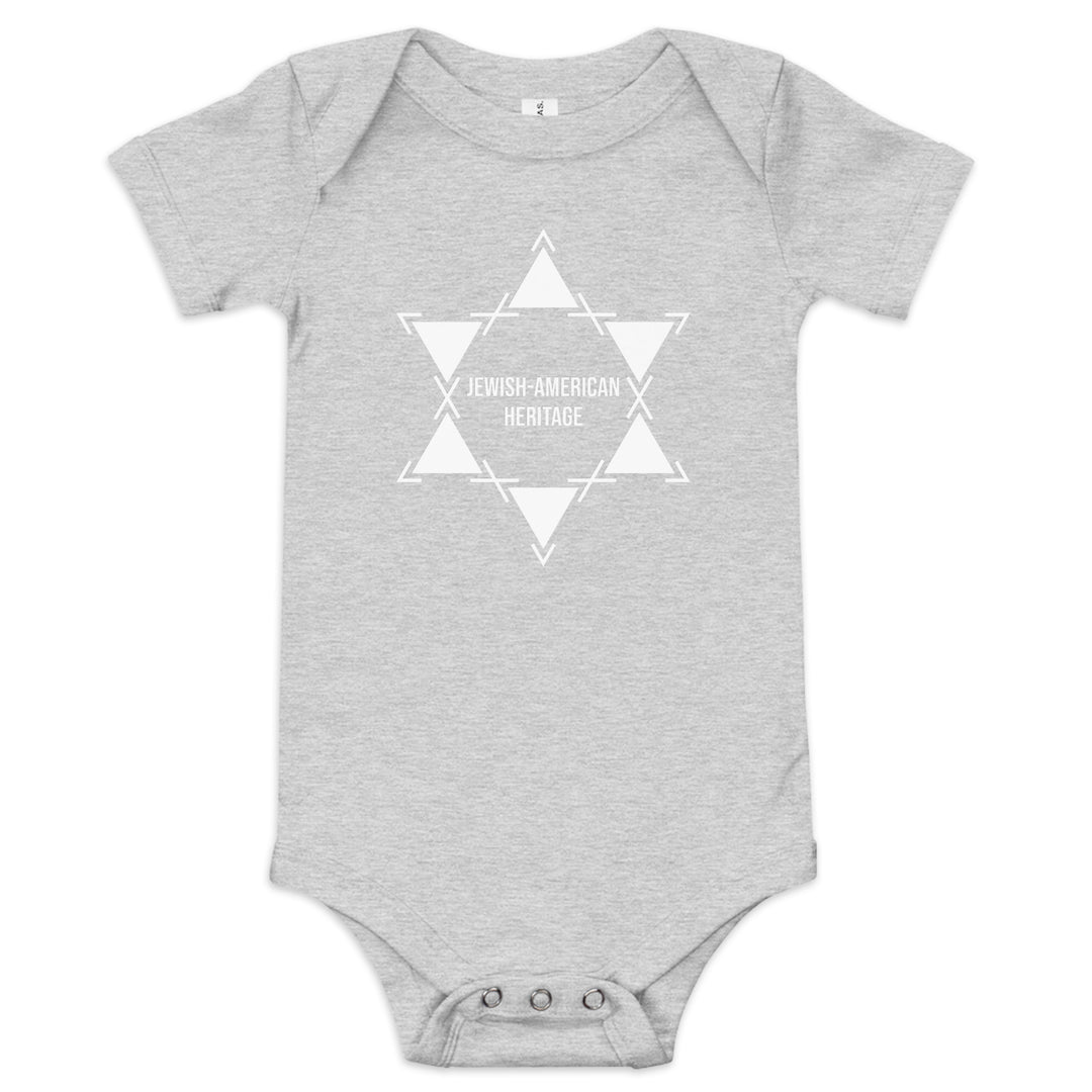 Jewish American Heritage Jewish pride kids baby short sleeve one piece in Athletic Heather - close-up