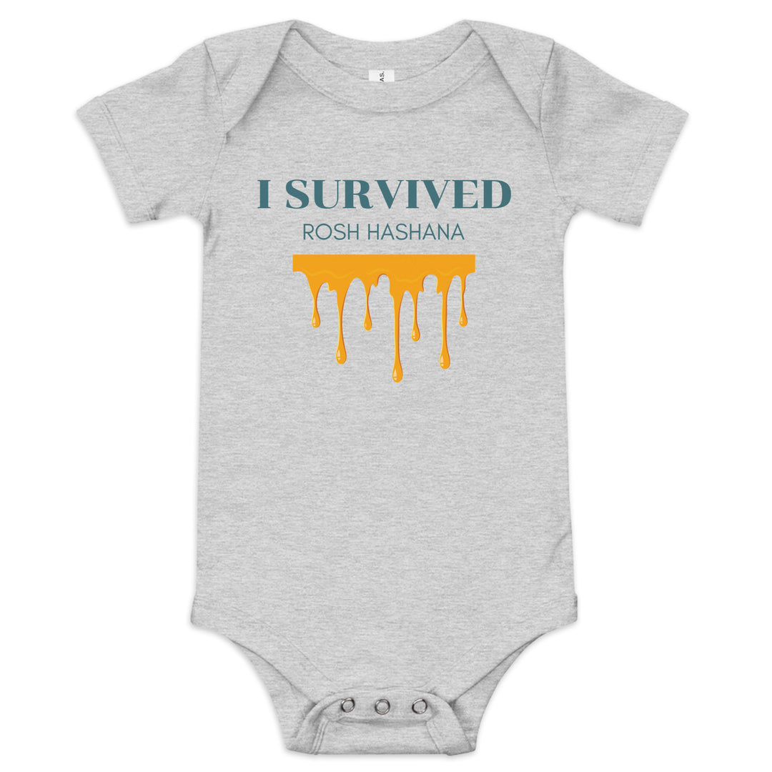 I Survived Rosh HaShana Jewish pride kids baby short sleeve one piece in Athletic Heather - close-up