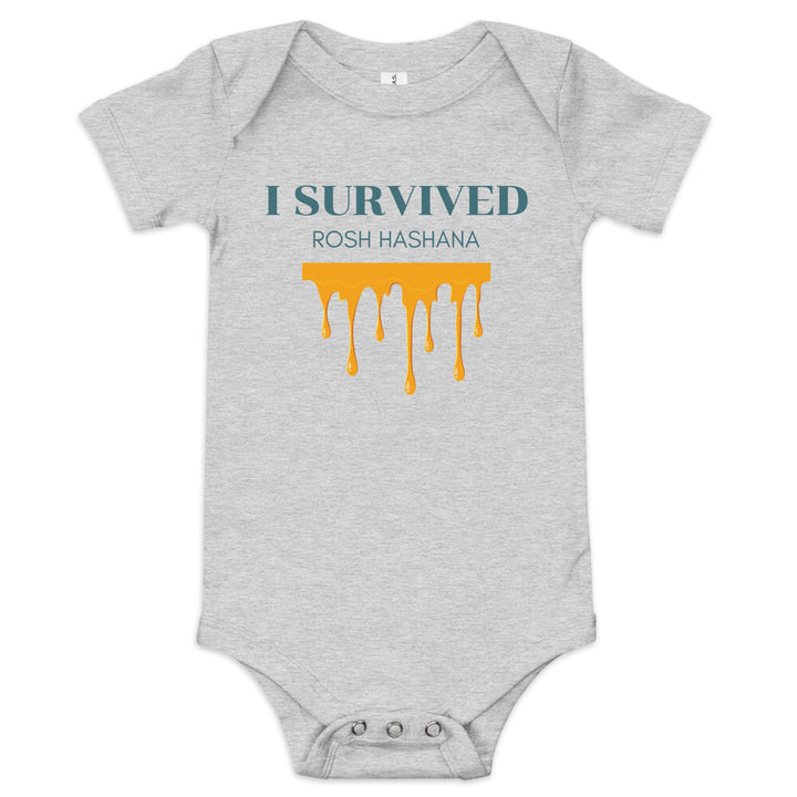 I Survived Rosh HaShana Jewish pride kids baby short sleeve one piece in Athletic Heather - close-up