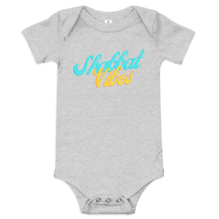 Shabbat Vibes Jewish pride kids baby short sleeve one piece in Athletic Heather - close-up
