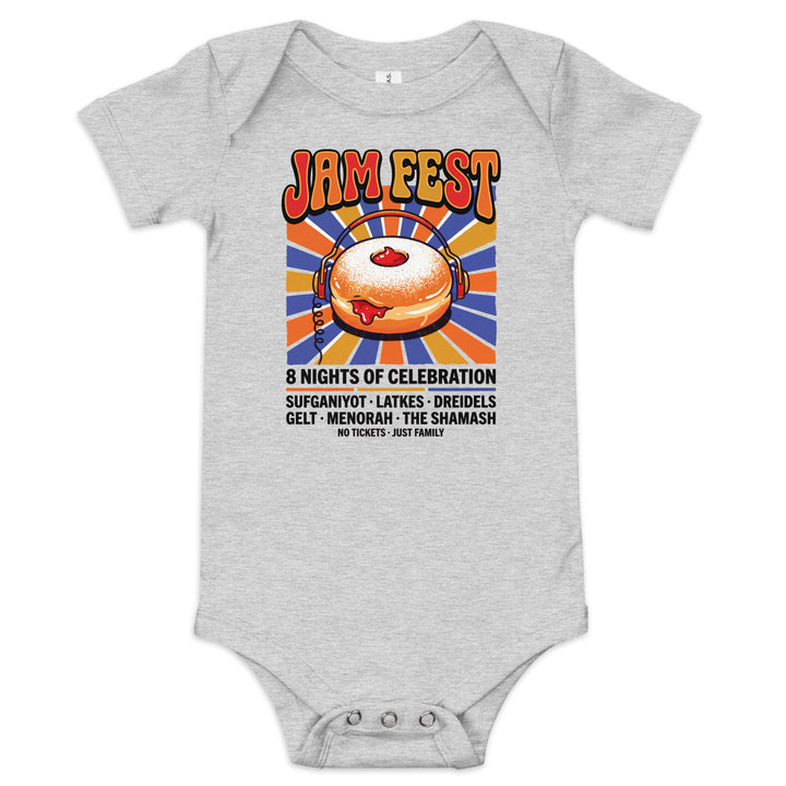 Jam Fest 8 Nights Jewish pride kids baby short sleeve one piece in Athletic Heather - back view