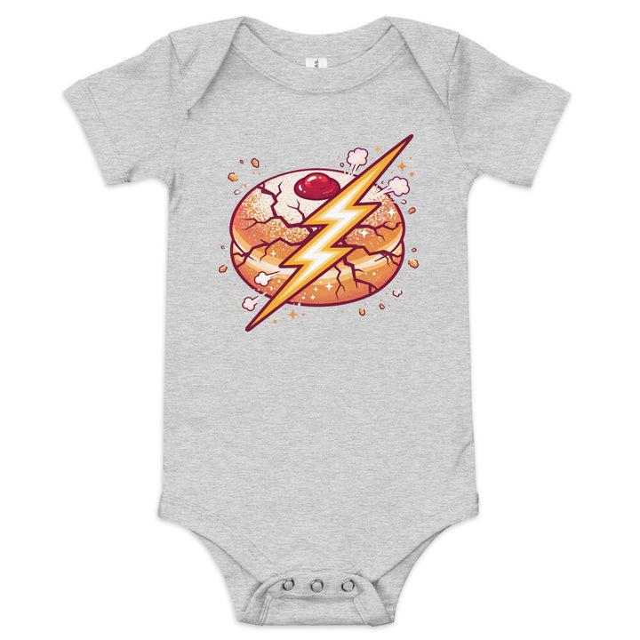 Sufganiyah Lightning Jewish pride kids baby short sleeve one piece in Athletic Heather - close-up