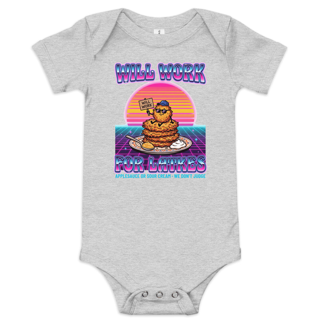 Will Work for Latkes 80s Jewish pride kids baby short sleeve one piece in Athletic Heather - detail view