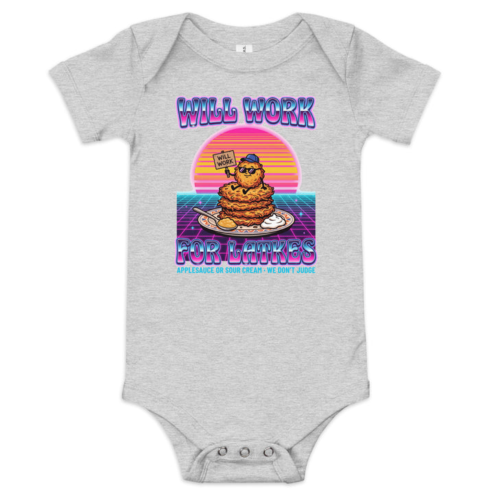 Will Work for Latkes 80s Jewish pride kids baby short sleeve one piece in Athletic Heather - detail view