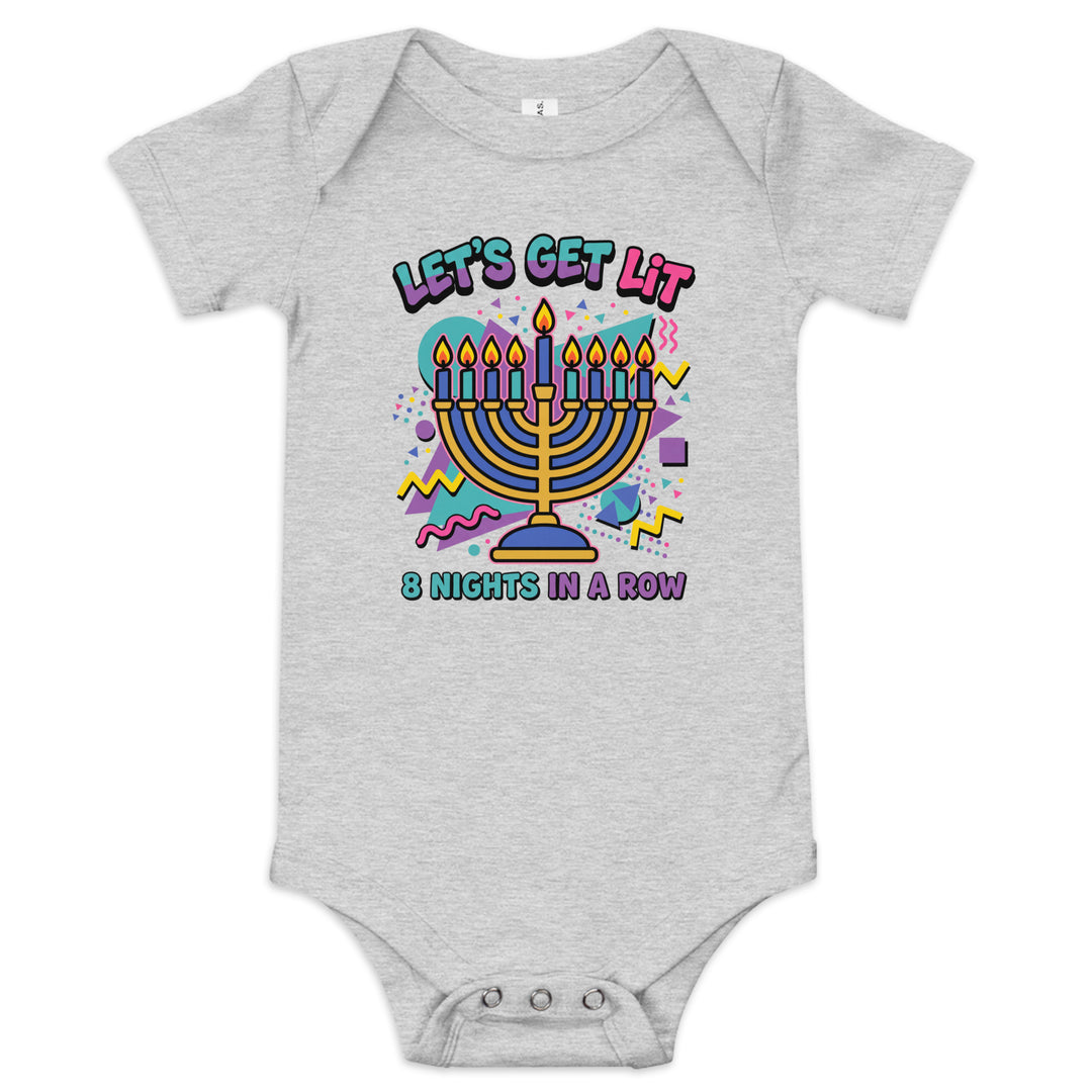 Lets Get Lit 90s Jewish pride kids baby short sleeve one piece in Athletic Heather - back view