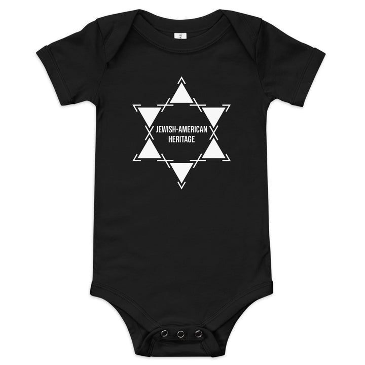 Jewish American Heritage Jewish pride kids baby short sleeve one piece in Black - front view