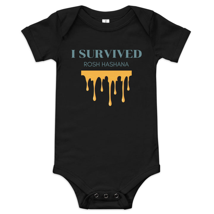 I Survived Rosh HaShana Jewish pride kids baby short sleeve one piece in Black - back view