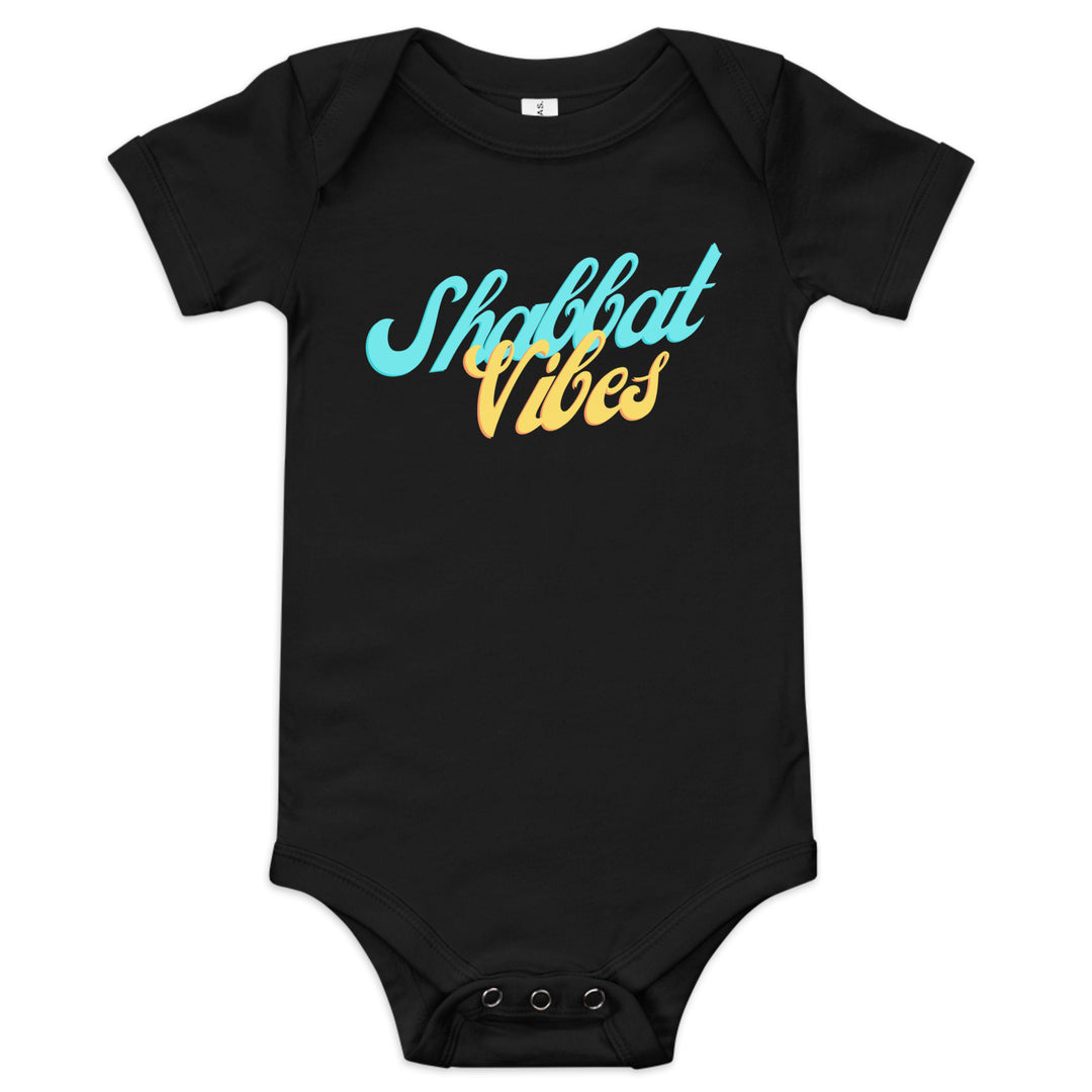 Shabbat Vibes Jewish pride kids baby short sleeve one piece in Black - front view