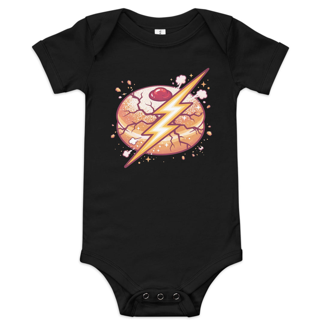 Sufganiyah Lightning Jewish pride kids baby short sleeve one piece in Black - front view