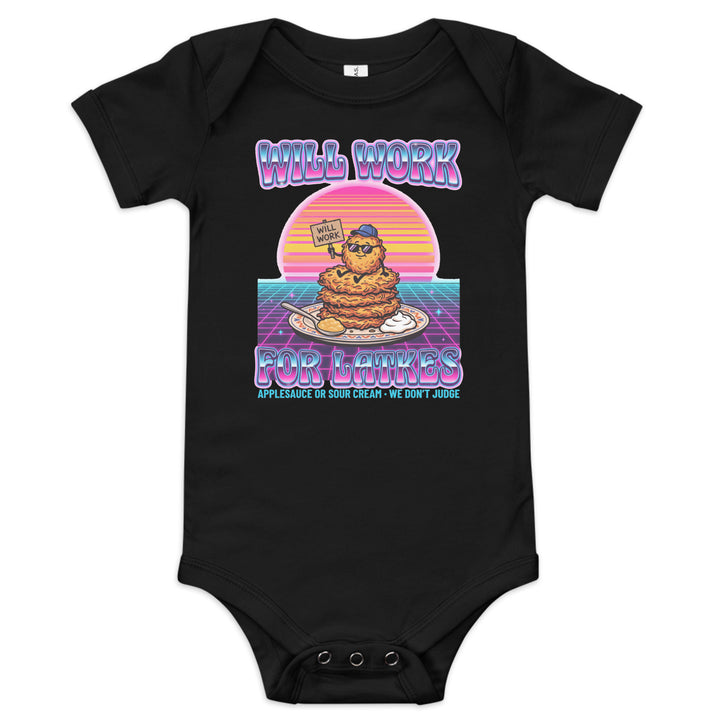 Will Work for Latkes 80s Jewish pride kids baby short sleeve one piece in Black - front view