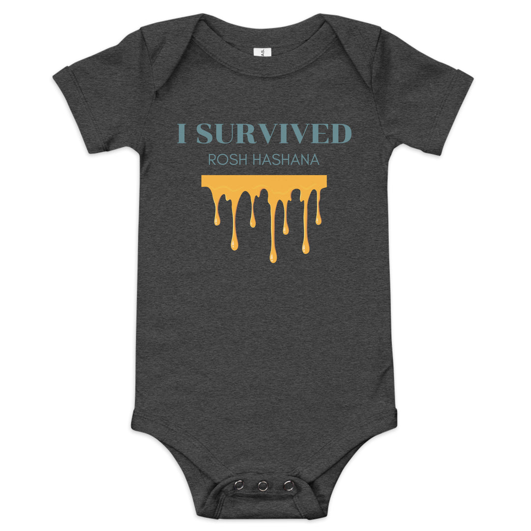 I Survived Rosh HaShana Jewish pride kids baby short sleeve one piece in Dark Grey Heather - detail view