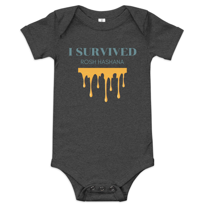 I Survived Rosh HaShana Jewish pride kids baby short sleeve one piece in Dark Grey Heather - detail view