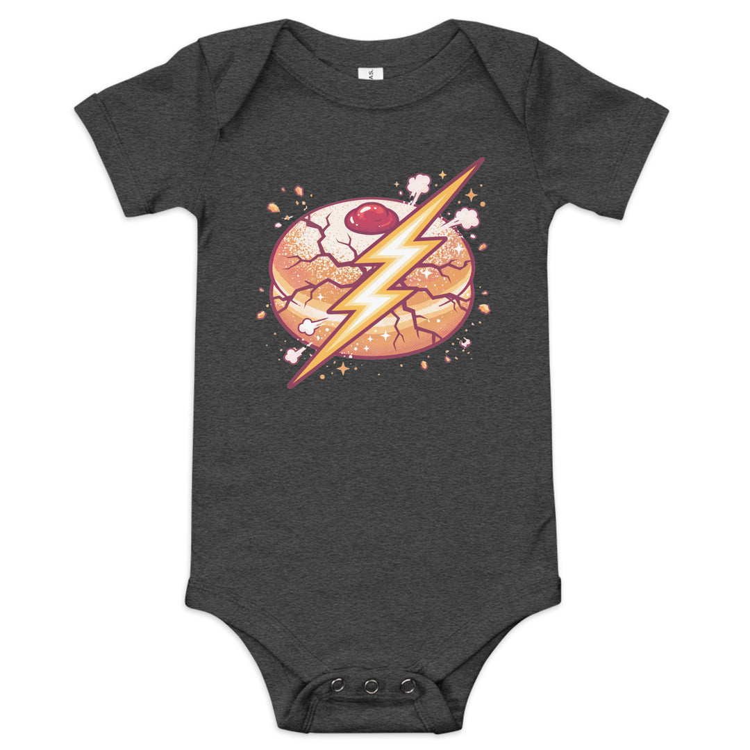 Sufganiyah Lightning Jewish pride kids baby short sleeve one piece in Dark Grey Heather - back view