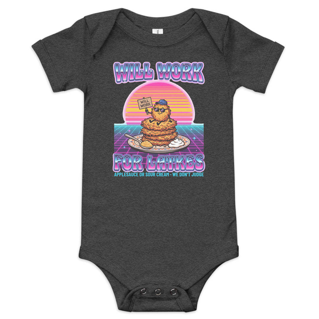 Will Work for Latkes 80s Jewish pride kids baby short sleeve one piece in Dark Grey Heather - back view
