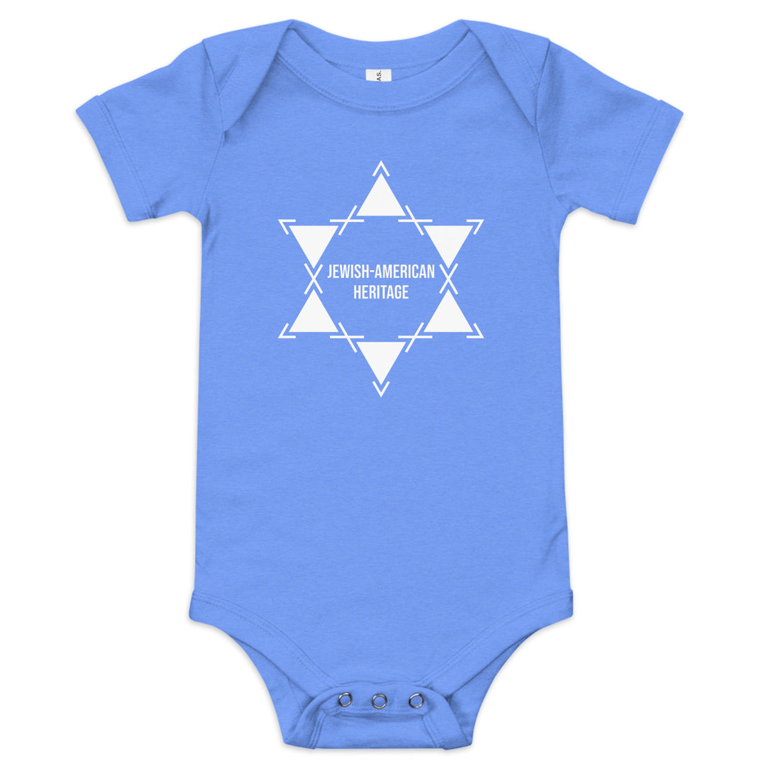 Jewish American Heritage Jewish pride kids baby short sleeve one piece in Heather Columbia Blue - detail view