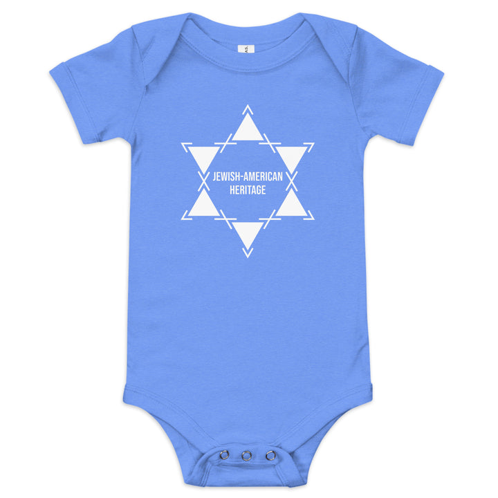 Jewish American Heritage Jewish pride kids baby short sleeve one piece in Heather Columbia Blue - detail view