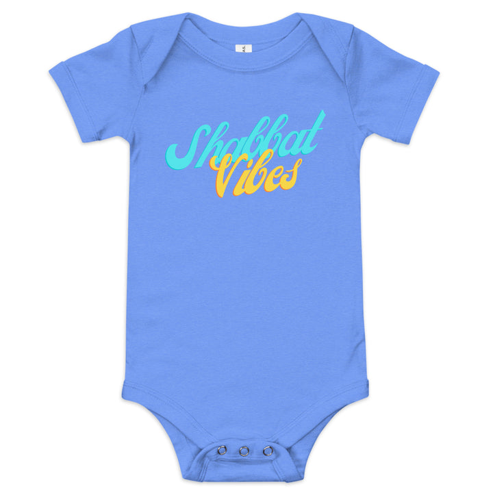Shabbat Vibes Jewish pride kids baby short sleeve one piece in Heather Columbia Blue - detail view