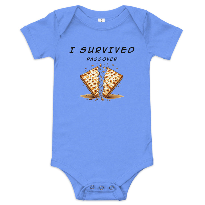 Passover Jewish pride kids baby short sleeve one piece in Heather Columbia Blue - folded view