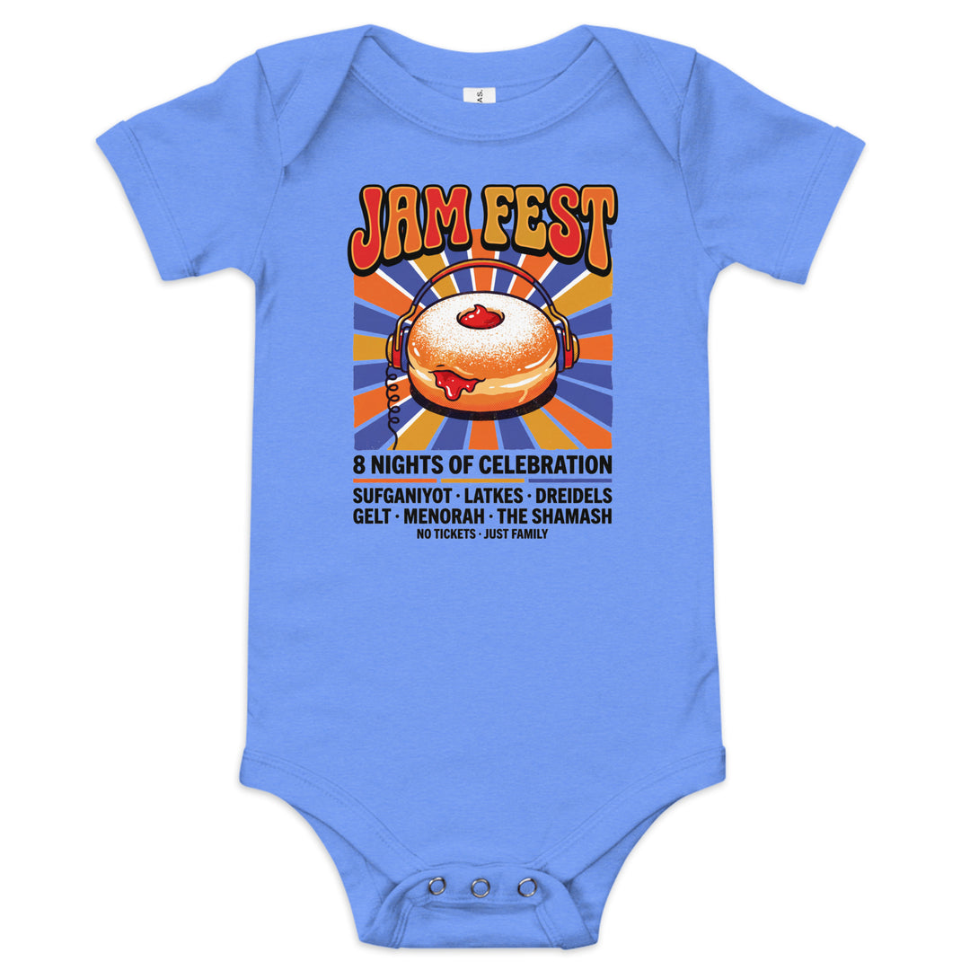 Jam Fest 8 Nights Jewish pride kids baby short sleeve one piece in Heather Columbia Blue - front view