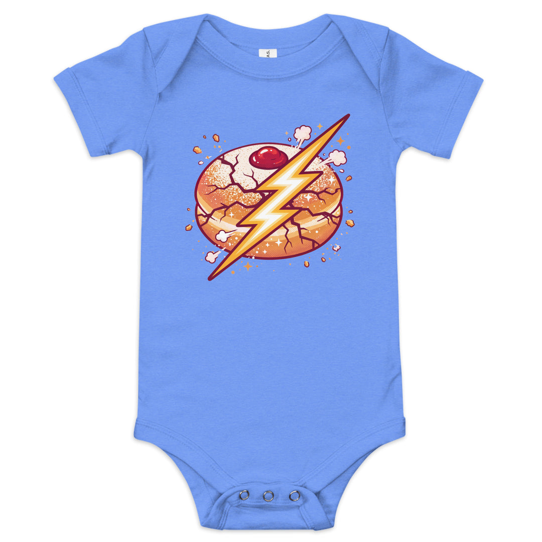 Sufganiyah Lightning Jewish pride kids baby short sleeve one piece in Heather Columbia Blue - detail view