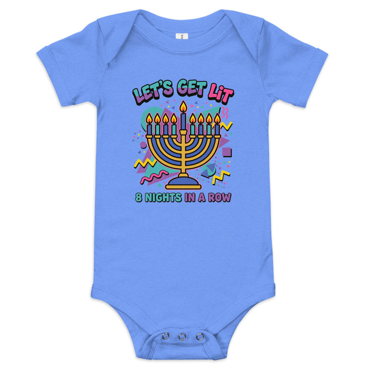 Lets Get Lit 90s Jewish pride kids baby short sleeve one piece in Heather Columbia Blue - front view