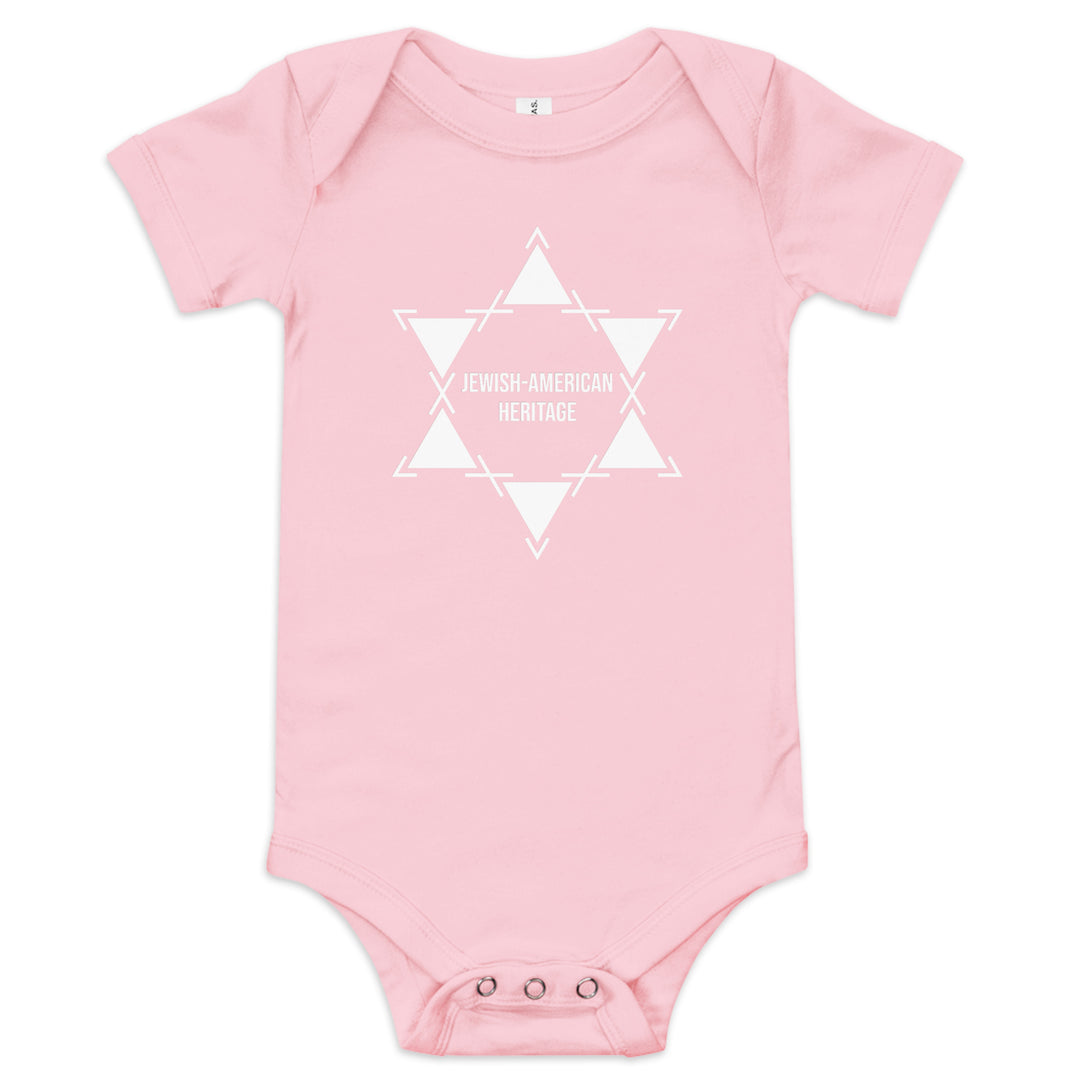 Jewish American Heritage Jewish pride kids baby short sleeve one piece in Pink - flat lay